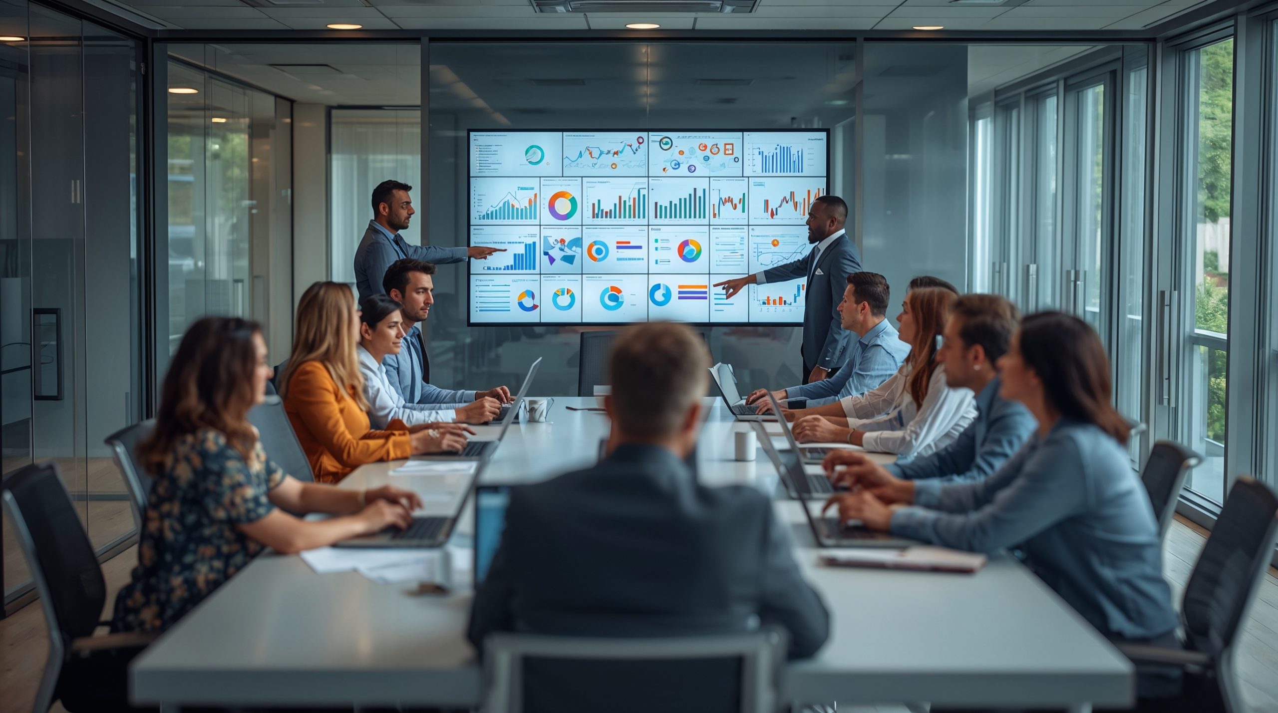 AI-product-strategy AI product strategy team meeting with product managers discussing data-driven product management frameworks for customer-focused AI products and user experience strategy development